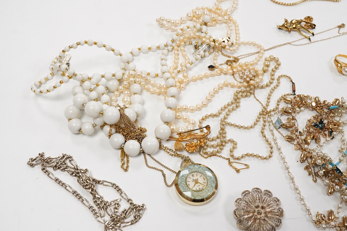 A 9ct and cabochon black onyx set pendant, on a 9ct chain, a 9ct and gem set ring and pair of 9ct and cultured pearl set ear clips, together with other items including costume jewellery, a silver bangle and a silver book